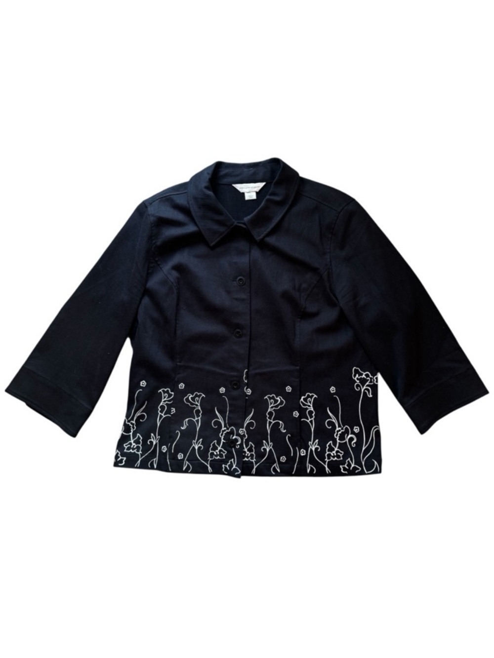 Black Blazer Jacket Floral 3/4 Sleeve Button Embroidered Lightweight Office